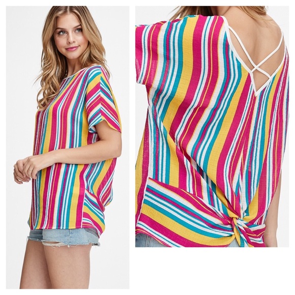 Bright Multicolored Striped Criss Cross Back Top - Picture 5 of 7